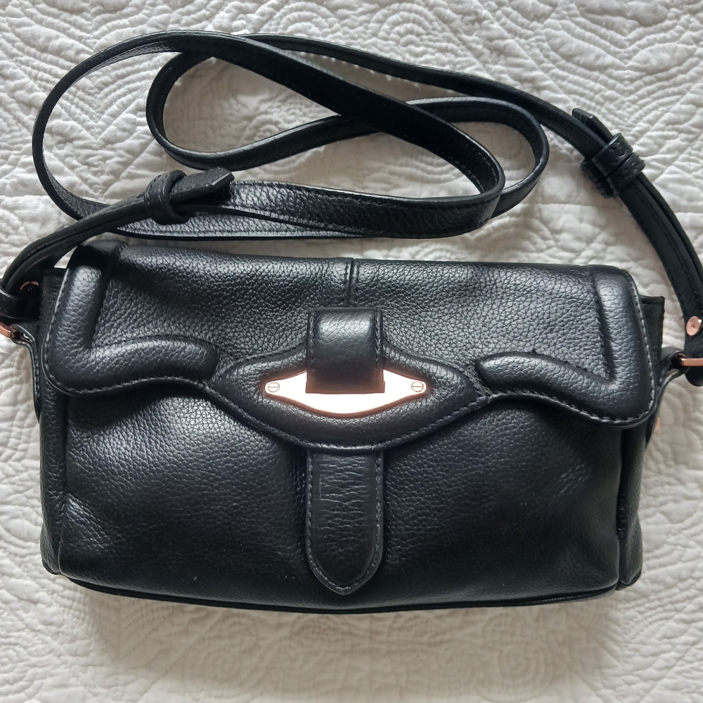 Danier Black Leather Crossbody Bag with Rose Gold Accents